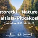 Luontoretki nature trip Haltiala-Pitkäkoski tapahtuman info ja logot. Taustakuva on Pitkäkoskelta koskea syksyisessä auringonpaisteessa ja erilaisia puita reunoilla