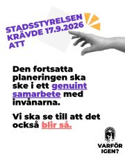 Planeringen av Lappviken fortsätter i samarbete med stadsborna!
Stadsstyrelsen och ordförandena för fullmäktigegrupperna diskuterade Lappvikens framtid vid så kallad “morgonskola” torsdagen den 17.9.2026.
Beslutsfattarna slog fast att planeringen framöver ska bedrivas i samarbete med stadsborna. Enligt våra uppgifter drev politikerna inte kraftfullt igenom den tidigare presenterade huvudkontorsplanen.
Inom olika delar av stadsorganisationen finns omfattande expertis kring delaktighet och att lyssna på stadsborna. När dessa yrkeskunniga tas med i projektet kommer stadsbornas åsikter sannolikt att synas tydligare i planens slutresultat.
I Lappviken är det möjligt att skapa en brett accepterad och hållbar lösning som tryggar en öppen och psykiskt hälsofrämjande medborgar- och kulturverksamhet för alla.
Via våra kampanjsidor skickades över tusen mejl till beslutsfattarna. Ett stort tack till alla som försvarat Lappviken – det lönade sig verkligen att skicka meddelandet!
#AllasLappviken