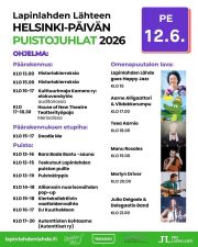 Tervetuloa viettämään Helsinki-päivää 12.6.2026 Lapinlahteen! Alue täyttyy musiikista, ilosta ja yhdessäolosta. Perheet nauttivat Aarne Alligaattorin iloisesta show’sta, puistokirppis kutsuu, saunassa raikuu ruotsi ja puutkin saavat omat teekutsut. 

Ohjelma:

12–15 | Teekutsut puille
Yhteisöllinen tapahtuma, jossa juhlistetaan Lapinlahden puistoa teen, piknikin ja viestien merkeissä.

12–16 | Bara Bada Bastu -sauna
Maksa mitä pystyt -periaatteella toimiva sauna ruotsinkielisen musiikin säestyksellä.

13 | Historiakierros (45 min, FIN/ENG/SVE)

13–19 | Puistokirppis

14–18 | Allianssin nuorisovaihdon pop-up

15 | Historiakierros (45 min, FIN/ENG/SVE)

15–17 | Doodle Me
Yhteisötaidetta ja kasvomaalausta.

15 | Lapinlahden Lähde goes Happy Jazz
Bianca Morales ja Arcadics Big Band tarjoavat iloista jazzia kesäiltapäivään.

15–18 | Vaatteidenvaihto
Kiertokollektiivin suosittu maksuton vaatteidenvaihtotapahtuma.

16–17 | Elokuvanäytös
Kolme nuorten tekemää lyhytelokuvaa Auditoriossa.

16–17 | DJ KuutheMoon
Musiikkia vaatteidenvaihdon tunnelmaan.

17 | Aarne Alligaattori ja Viidakkorumpu
Koko perheen energinen lastenmusiikkikonsertti.

17–18.30 | House of New Theatre -teatterityöpaja, Merisali.

17–20 | Autenttisten Kohtaamo
Rauhallinen tila kohtaamisille, keskustelulle ja läsnäololle.

18 | Teea Aarnio
Lempeää ja voimakasta fuusiofolkia mandoliinin ja elektroniikan säestyksellä.

19 | Manu Rosales
Argentiinalais-suomalaisen lauluntekijän eteläamerikkalaisista perinteistä ammentava konsertti.

20 | Merlyn Driver
Folkin ja maailmanmusiikin sävyjä luonnon inspiroimana.

21 | Julia Delgado & Delegaatio Band
Illan päätöskonsertti yhdistää herkkää poppia, folk-vaikutteita ja vahvaa live-energiaa.

Sijainti: Omenapuutalon lava ja Lapinlahden alue

HUOM! Lauantaina 13.6. lisäksi Helsinki-päivän jatkot! 
Klo 11–16 Puistokirppis
Klo 12–13 Lapinlahden Lähde Goes Happy Jazz: Arkadics Big Band Camp -päätösesitys
Klo 15-16 Lapinlahden Lähde Goes Happy Jazz: Bianca Morales & IMO Trio
Klo 16-17 Etelän Lohtu, rhythm & blues -musiikkia