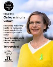 Onko minulla väliä? Mitä uutta mattering-käsite voi tuoda keskusteluun yksilön ja yhteisön hyvinvoinnista?

Joka toinen viikko järjestämämme "Tiistai-meetingit" jatkuvat huomenna klo 12 Lähteen auditoriossa! Tule kuuntelemaan terapeutti Niina Innon luentoa mattering-käsitteestä ja siitä, miten kokemus elämän ja yksilön merkityksellisyydestä rakentuu. 

Mattering-tutkimuksen juuret juontavat 1980-luvulle, mutta suomalaisessa keskustelussa se on jäänyt toisaalta osallisuuspuheen ja toisaalta yksilöön keskittyvän mielenterveysnäkökulman varjoon. Auttaisiko mattering-käsite yhdistämään yksilön, yhteisön ja yhteiskunnan tasot uudella tavalla?

Niina Into on kirjallisuustieteestä valmistunut filosofian maisteri, sosionomi ja kognitiivis-analyyttinen terapeutti sekä kirjallisuusterapiaohjaaja, jolla on vastaanotto Lapinlahden Lähteellä.

Luennolle on vapaa pääsy. Tervetuloa!