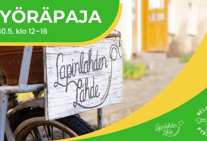 Lapinlahden Lähde -kyltti ja pyörä rakennuksen pihalla.
