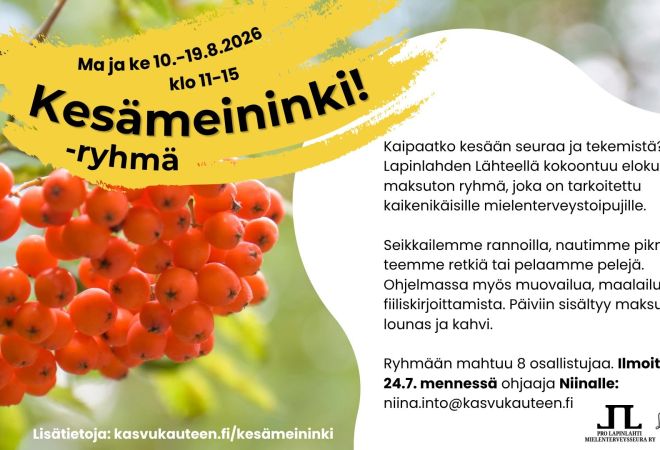 Kuva on Kesämeininki!-tapahtuman mainoskuva, joka sisältää kuvan pihlajanmarjoista ja tietoa tapahtumasta.