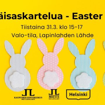 Pääsiäisaskartelua easter crafts tapahtuman kuva jossa tiedot ja logot. Kuvassa keltainen tausta jossa erivärisiä kartonkipupuja vanuhännillä