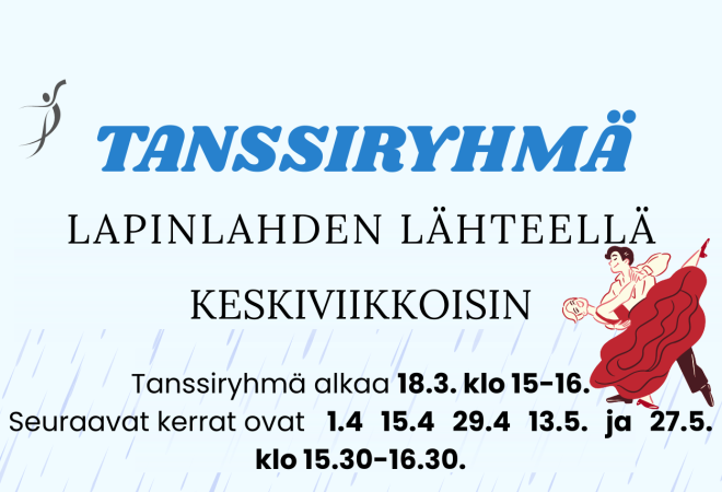 Vaaleansinisellä taustalla nainen joka tanssii punaisessa mekossa.