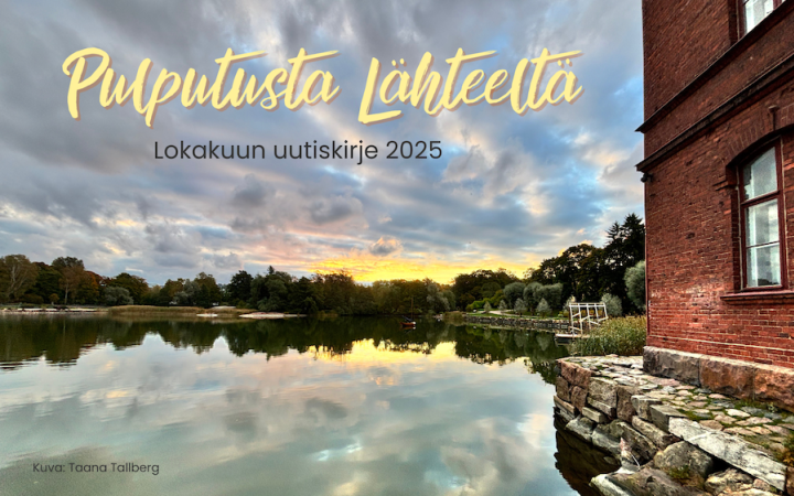 Aamuruskoa Lapinlahdessa merenrannassa, tiilirakennus ja ruskaisia puita.