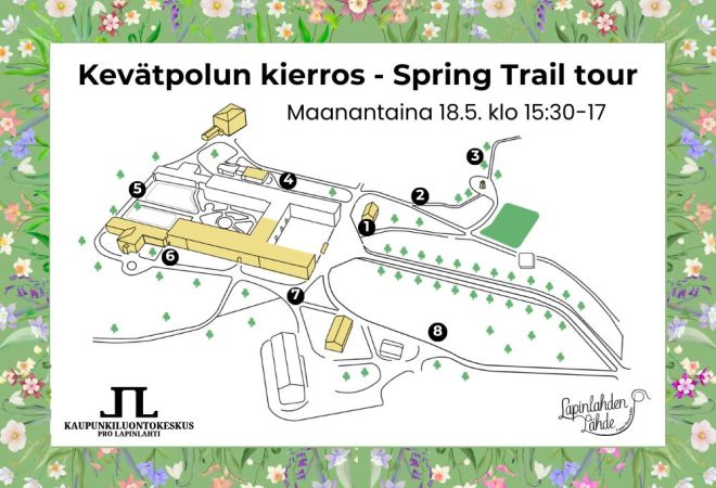Kevätpolku 2026 kartta ja muokattu tekstiksi kevätpolun kierros spring trail tour ja ajankohta maanantai 18.5. kello 15:30-17