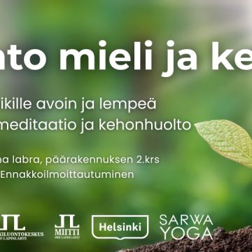 Rento mieli ja keho kansikuva jossa infot ja logot. Taustakuva on vihreä taimi mullassa vihreällä taustalla ja auringonvaloa