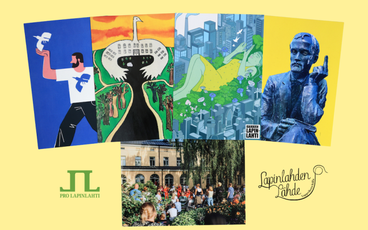 Viisi värikästä postikorttia Lapinlahti-teemalla keltaisella pohjalla.