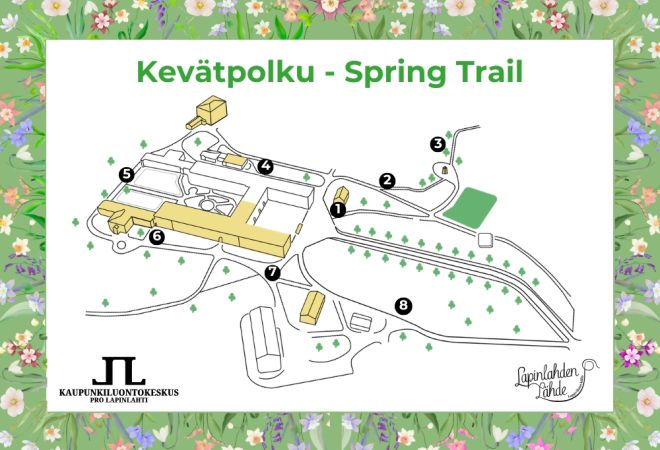 Kevätpolku spring trail kartta lapinlahden puistosta ja kahdeksan polun rastia ympäri puistoa. Lisäksi järjestäjien logot ja vihreä kehys jossa kukkasia