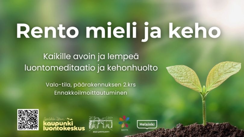 Rento mieli ja keho-tapahtuman kansikuva, jossa logot ja infot. Taustalla kasvin taimi kasvamassa mullasta vihreää taustaa ja aurinkoa vasten
