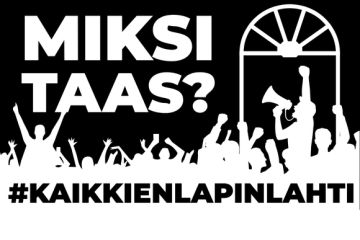 Kuvassa teksti MIKSI TAAS? ja joukko hahmoja megafonin kanssa Engel-tyylisen ikkunan alla.