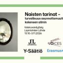 Kuva on Naisten tarinat -näyttelyn mainoskuva, jossa on tietoa näyttelystä ja kuva teoksesta.