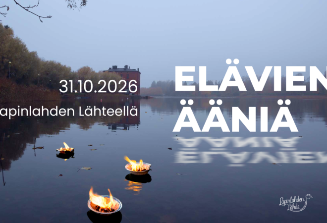Kuva Elävien äänien mainoskuva, jossa on Lapinlahti sumuisena päivänä ja tekstiä tapahtumasta.