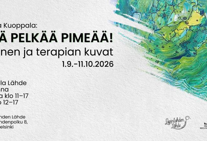 Kuva on Älä pelkää pimeää -näyttelyn mainoskuvat, jossa on tietoa näyttelystå