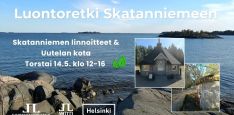 Luontoretki Skatanniemeen tapahtumakuva infot ja logot, taustakuvat Skatanniemeltä ja Uutelan kodalta