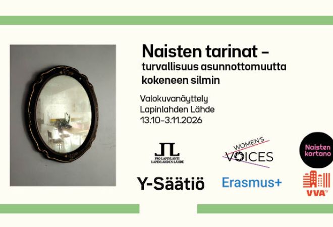 Kuva on Naisten tarinat -näyttelyn mainoskuva, jossa on tietoa näyttelystä ja kuva teoksesta.