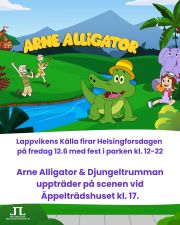 Lappvikens Källa firar Helsingforsdagen på fredag 12.6 med fest i parken kl. 12:00 - 22:00! 

Varmt välkommen att fira Helsingforsdagen i det kulturhistoriska Lappviken! Omgiven av havet och den vackra parken erbjuds upplevelser för alla åldersgrupper. 

Mycket musik av olika slag, workshopar, loppmarknad och möjlighet till klädbyte och mycket mer står på programmet!

Svenskspråkigt program erbjuds speciellt i form av:

• Två historiska rundvandringar, kl. 13 och kl. 15, rundvandringarna tar cirka 45 minuter.

• ”Bara Bada Bastu – bastu” mot frivillig avgift. kl. 12–16: Bastun avnjuts med svenskspråkiga musikpärlor! Bastun fungerar på Helsingforsdagen enligt "betala vad du kan" -principen.

• Arne Alligator & Djungeltrumman uppträder på scenen vid äppelträdshuset kl. 17. Det blir sång både på finska och svenska. Arne Alligator & Djungeltrumman är en älskad klassiker inom finländsk barnmusik, vars glada djungelrytmer, fartfyllda låtar och goda humör har underhållit familjer i många år. Bandets energiska framträdanden är fyllda av musik, lek och gemensam glädje på ett sätt som får både små och stora att sjunga, dansa och delta i djungelstämningen. 

Dessutom på programmet:
•  Klockan 12–15: Te-party vid träden i Lappvikens park
•  Klockan 13–19: Parkloppis
•  Klockan 14–18: Alliansens ungdomsutbytes pop-up
•  Klockan 15: Lappvikens Källa goes Happy Jazz
•  Klockan 15–17: Doodle Me pop up, på innergården nära MIITTI-kontoret
•  Klockan 15–18: Kiertokollektiivets klädbyte
•  Klockan 16–17: Kulturhuset Kamera rf: Filmvisning i Auditoriet
•  Klockan 16–17: DJ KuutheMoon sätter stämningen för klädbytet
•  Klockan 17–18.30: House of The New Theatre: Gratis teaterworkshop för Helsingforsdagen i Havssalen
•  Klockan 17–20: Autentiska mötesplatsen (Autenttiset rf)
•  Klockan 18: Teea Aarnio
•  Klockan 19: Manu Rosales
•  Klockan 20: Merlyn Driver
•  Klockan 21: Julia Delgado & Delegaatio Band

Fritt inträde, välkommen!