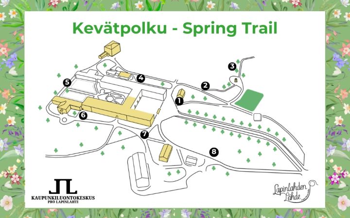 Kevätpolku spring trail kartta lapinlahden puistosta ja kahdeksan polun rastia ympäri puistoa. Lisäksi järjestäjien logot ja vihreä kehys jossa kukkasia