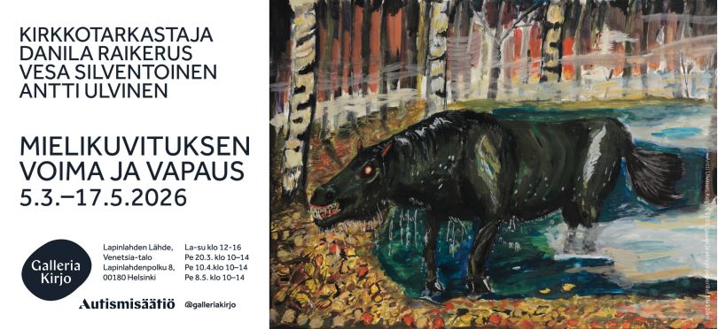 Taidenäyttelyn tiedot ja kuva jossa musta eläin metsässä.