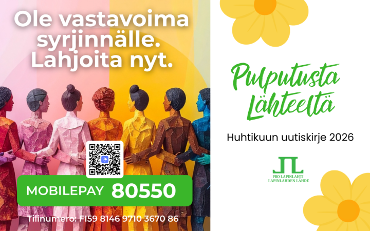 Värikkäitä hahmoja rivissä ja pienkeräysteksti