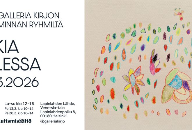 Kukkia tuulessa taidenäyttelyn esite. Beigellä taustalla värikkäitä kuvioita.