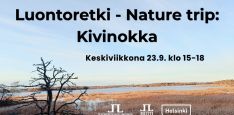 Luontoretki nature trip Kivinokka kuva jossa infot ja logot. Taustakuva Kivinokan lintulavalta syksyllä josta aavat näkymät vanhakaupunginlahdelle