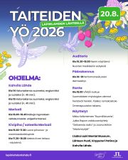Taiteiden yö täyttää Lapinlahden Lähteen luovalla ohjelmalla torstaina 20.8. klo 14–19 välillä, ja samaan aikaan vietettävät Lapinlahden elokuvajuhlat tuovat lisää taikaa tunnelmaan! Vapaa pääsy – tervetuloa koko perheen voimin. 

OHJELMA

Lähtö kahvilalta:
Klo 14 Historiakierros suomeksi, englanniksi ja ruotsiksi (n. 45 min).
Klo 15 Historiakierros suomeksi, englanniksi ja ruotsiksi (n. 45 min).

Kivipihalla:
Klo 15.30-17.30 askartelupiste – voit vaikkapa valmistaa oman naamion klo 18 alkavaan Väkeä-kulkueeseen

Merisali, 1. krs:
Klo 16–16.45 Kaikuja Hypnoksen valtakunnasta: uniperformanssi
Performanssi kutsuu yleisön mukaansa matkalle unien myyttiseen, maagiseen maailmaan. (n. 45min). Esiintyjät: Anne Lindholm-Kärki ja Sari Merenlaulu

Auditorio, 1. krs:
Klo 16.30-18 "Maukkaan elämän reseptit" – Narrin näyttämön teatteri- ja medialeirin esitys. 13–18-vuotiaiden leiriläisten valmistamia teatteri- ja mediaesityksiä.

Kivipiha / sateella Merisali:
Klo 17.30–18 Aleksis Kiven teilaus -näytelmä
Ressun Taiteellinen Teatteri esittää Riku Räihän klassikkonäytelmän kansalliskirjailijamme noususta ja tuhosta.

Ranta-alue/puisto:
Klo 18 VÄKEÄ-kulkue
VÄKEÄ-kulkue marssittaa suomalaisen kansanperinteen ja mytologian monenkirjavat hahmot yleisön koettavaksi mystisen kulkueen muodossa. Säävaraus. @vakea_collective

Päärakennus:
Klo 18–19 Performanssikurssin demoesitys
Nuorten taiteentekijöiden omaleimaiset ja uniikit performanssit tulevat näkyviksi Lapinlahden Lähteen ympäristössä.

Näyttelyt:
Mikko Kelloniemi: Ruumillistumia, Osasto5
Jukka Rapo: Seitsemäs Aalto, Käytävägalleria 
Joona Möttö: Madonsyöjät, Kahvila Lähde

Lisäksi:
Klo 14–17 (Maksullinen) Koe runohieronnan pikalataus! Kirjallisuusterapeutti Jaana lukee voimauttavia runojaan ja koulutettu hieroja Anne uudelleenkäynnistää kehosi. Huone 38 (Osasto5). 25 € / 20 min. Varaa aikasi p. 044 918 6847

Avoinna myös Lähteen Puoti, kirpputori Lähteen Patina ja Kahvila Lähde.
Lämpimästi tervetuloa!