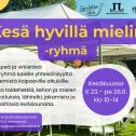 Tapahtumakuvassa tekstiä ja puutarhamaisema.