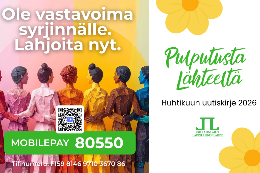 Värikkäitä hahmoja rivissä ja pienkeräysteksti