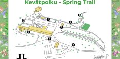 Kevätpolku spring trail kartta lapinlahden puistosta ja kahdeksan polun rastia ympäri puistoa. Lisäksi järjestäjien logot ja vihreä kehys jossa kukkasia