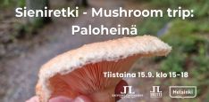 Sieniretki Mushroom trip Paloheinä kuva jossa infot ja logot. Taustakuvassa ohjaajan kädessä iso karvarousku ja metsää taustalla