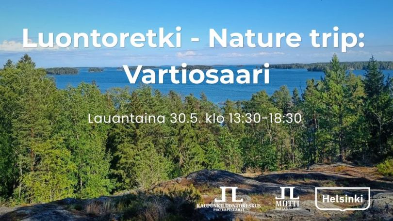 Luontoretki nature trip Vartiosaari info ja logot. Taustakuva on Vartiosaaresta Vartiokalliolta josta näkee kauas merelle