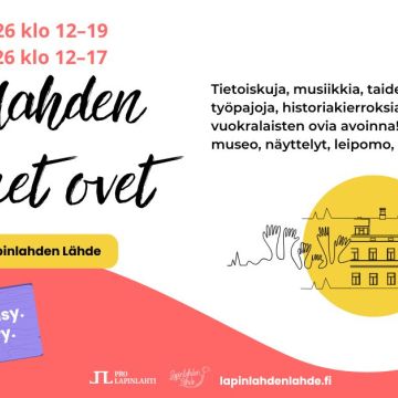 Valko-punaisella taustalla pyöreä pallo ja rakennuksen ääriviivat.