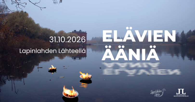 Kuva Elävien äänien mainoskuva, jossa on Lapinlahti sumuisena päivänä ja tekstiä tapahtumasta.