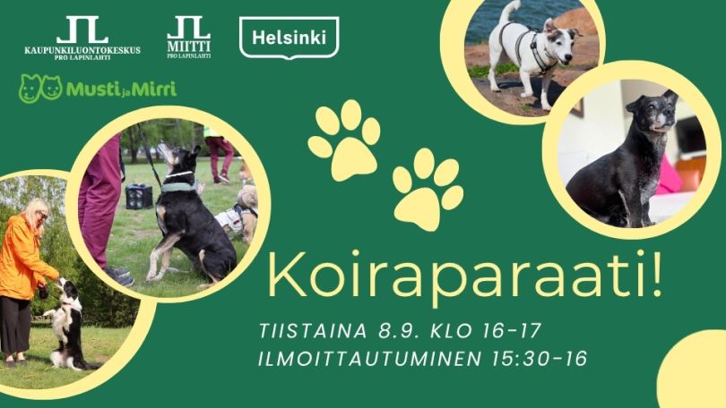 Koiraparaati kansikuva jossa ylhäällä vasemmalla logot, alhaalla oikealla tapahtuman lyhyet tiedot. Vihreä tausta jossa keltaisia ympyröitä joiden sisällä neljä eri koiraa Lapinlahdesta