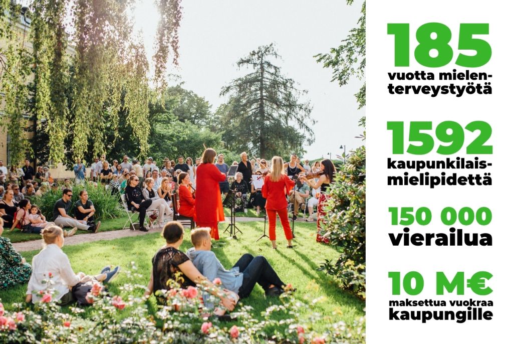 Joukko ihmisiä on kokoontunut aurinkoiseen puutarhaan kuuntelemaan viulutrion konserttia.