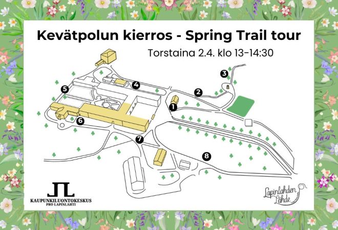 Kevätpolku 2026 kartta ja muokattu tekstiksi kevätpolun kierros spring trail tour ja ajankohta torstai 2.4. kello 13-14:30