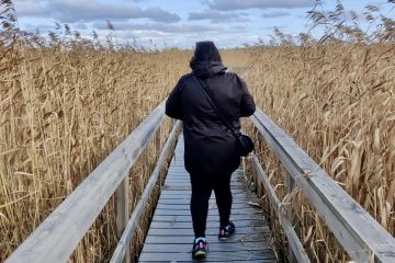 Kuvassa nainen selin kävelemässä sillalla pellon keskellä.
