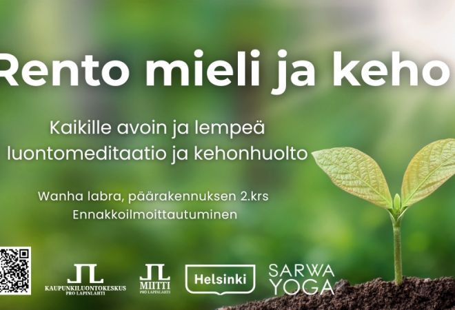 Rento mieli ja keho kansikuva jossa infot ja logot. Taustakuva on vihreä taimi mullassa vihreällä taustalla ja auringonvaloa