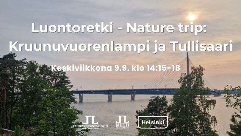 Kruunuvuorenlampi ja Tullisaari retkikuva infoineen. Taustakuva on Kruunuvuorenlammen läheltä merimaisema Kruunuvuorensillalle auringon laskiessa