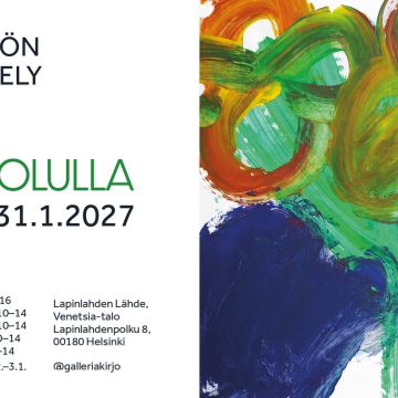 Kuva on Luontopolulla-näyttelyn mainoskuva, jossa on tietoa näyttelystä ja kuva teoksesta.