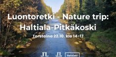 Luontoretki nature trip Haltiala-Pitkäkoski tapahtuman info ja logot. Taustakuva on Pitkäkoskelta koskea syksyisessä auringonpaisteessa ja erilaisia puita reunoilla
