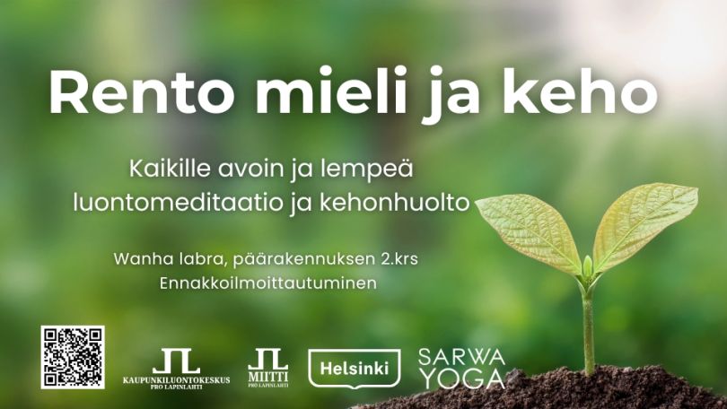 Rento mieli ja keho kansikuva jossa infot ja logot. Taustakuva on vihreä taimi mullassa vihreällä taustalla ja auringonvaloa