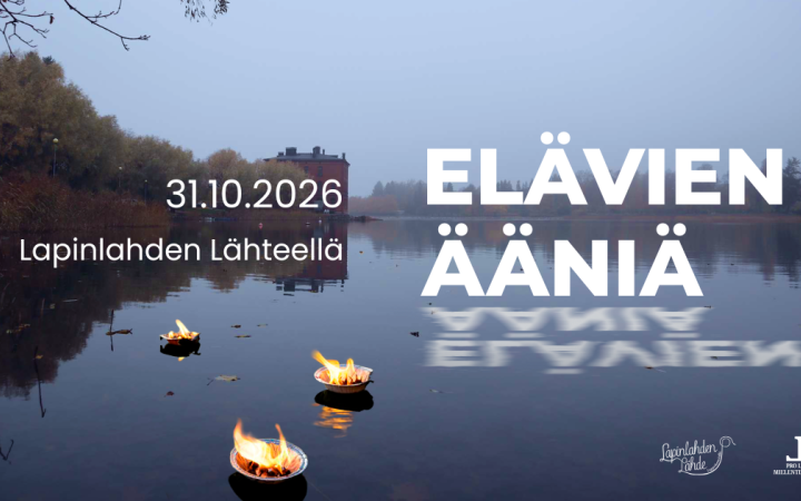 Kuva Elävien äänien mainoskuva, jossa on Lapinlahti sumuisena päivänä ja tekstiä tapahtumasta.