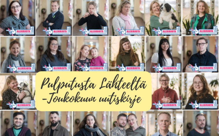 Toukokuun uutiskirje. Kuvassa on 13 "allekirjoita kuntalaisaloite" -henkilökuvaa