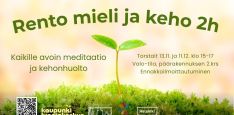 Rento mieli ja keho 2h tapahtumakuva infon ja logojen kanssa. Taustakuva on taimi, joka kasvaa sammaleesta, vaaleankeltainen tausta Rento mieli ja keho 2h event cover picture with infos and logos. Background is a sprout growing from moss with yellow light background