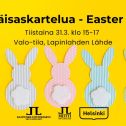 Pääsiäisaskartelua easter crafts tapahtuman kuva jossa tiedot ja logot. Kuvassa keltainen tausta jossa erivärisiä kartonkipupuja vanuhännillä