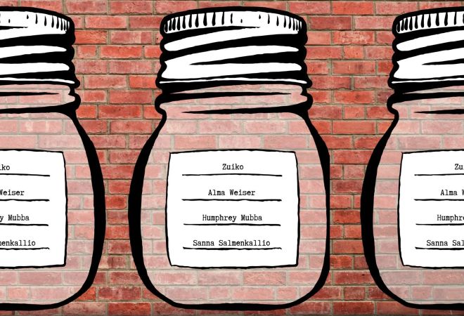 Kuva Jam Jar Sessionsin mainoskuva, jossa on kolme piirrettyä hillopurkkia.