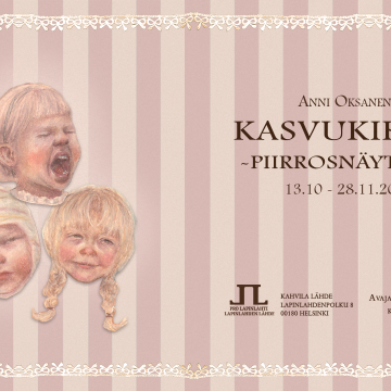 Kuva on Kasvukipuja-näyttelyn mainoskuva, jossa on tietoa näyttelystä ja pari piirrosta.