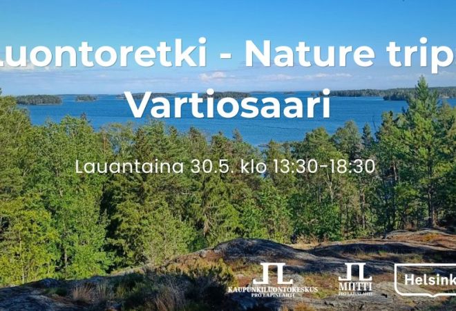 Luontoretki nature trip Vartiosaari info ja logot. Taustakuva on Vartiosaaresta Vartiokalliolta josta näkee kauas merelle